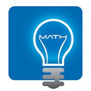 Icon of lightbulb with the word "Math" inside white on blue background.