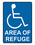 Logo area of refuge with wheelchair person symbol.
