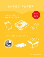 Image of mixed paper, newsprint, blueprints, shredded paper-bagged, photos, file folders, books, magazines, glossy brochures, tissue, wrapping paper, small flattened cardboard.