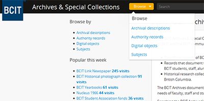 Screen shot of BCIT Archives & Special Collections page