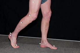 Person's legs being measured with dots in the motion capture lab.