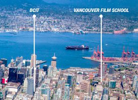 aerial view of downtown Vancouver pinning location of Vancouver film school and BCIT campus
