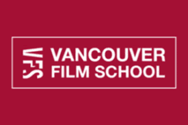 Vancouver Film School Logo white text on red background.