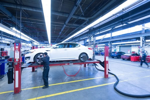 A student works on a white sedan raised on hoists