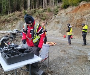 Four men in yellow vests setting up a drone on the road in a forested area