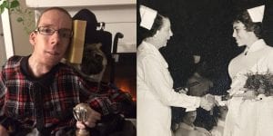 Side by side photos. Photo on left features David Thomas (memorial award in his name). Photo on right features black and white image of nurse Jillion A. Diespecker receiving her nursing degree (award named in her hounour).