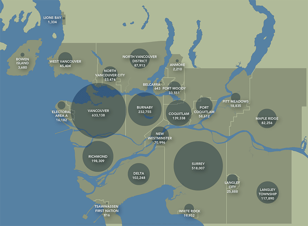 Map of the municipalities of Metro Vancouver with population