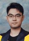 photo of jeffery liu in dark blue yellow gown wearing black frame glass in short black hair,