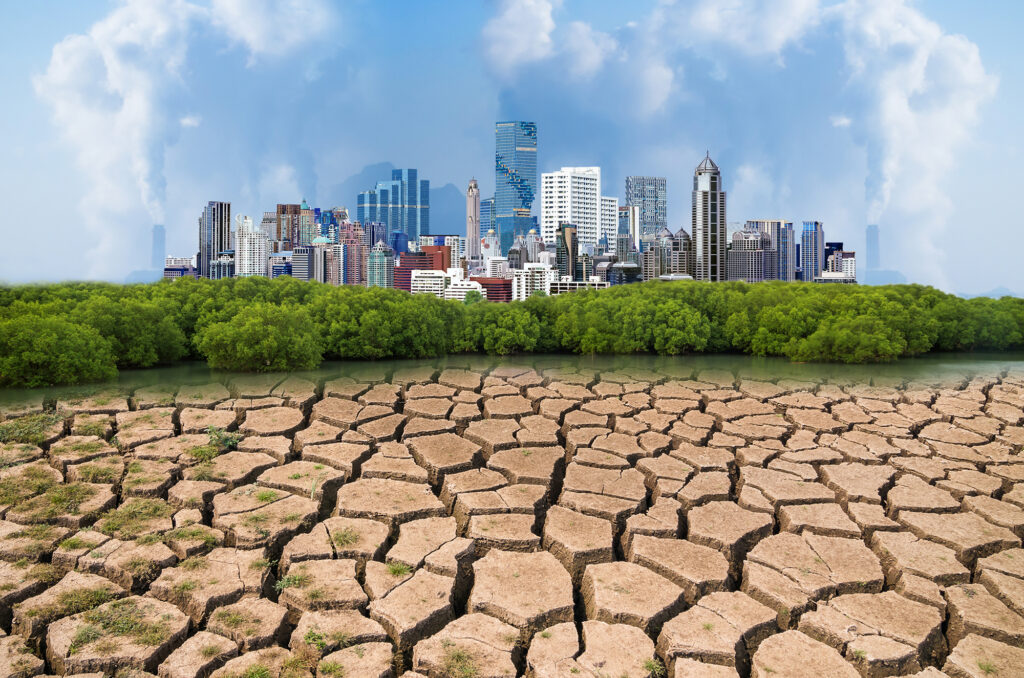 Dry cracked landscape in front of a polluted city and forest.