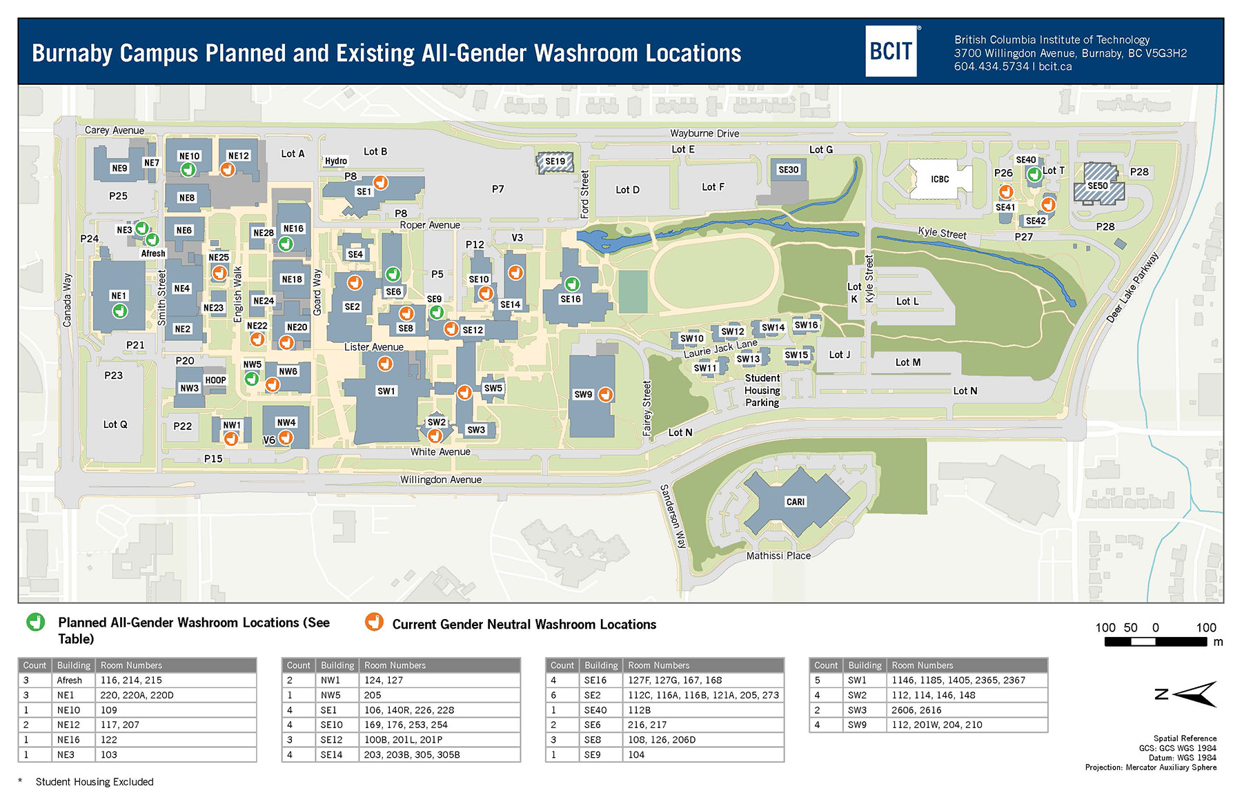 Planned and Existing all gender Washrooms on burnaby campus