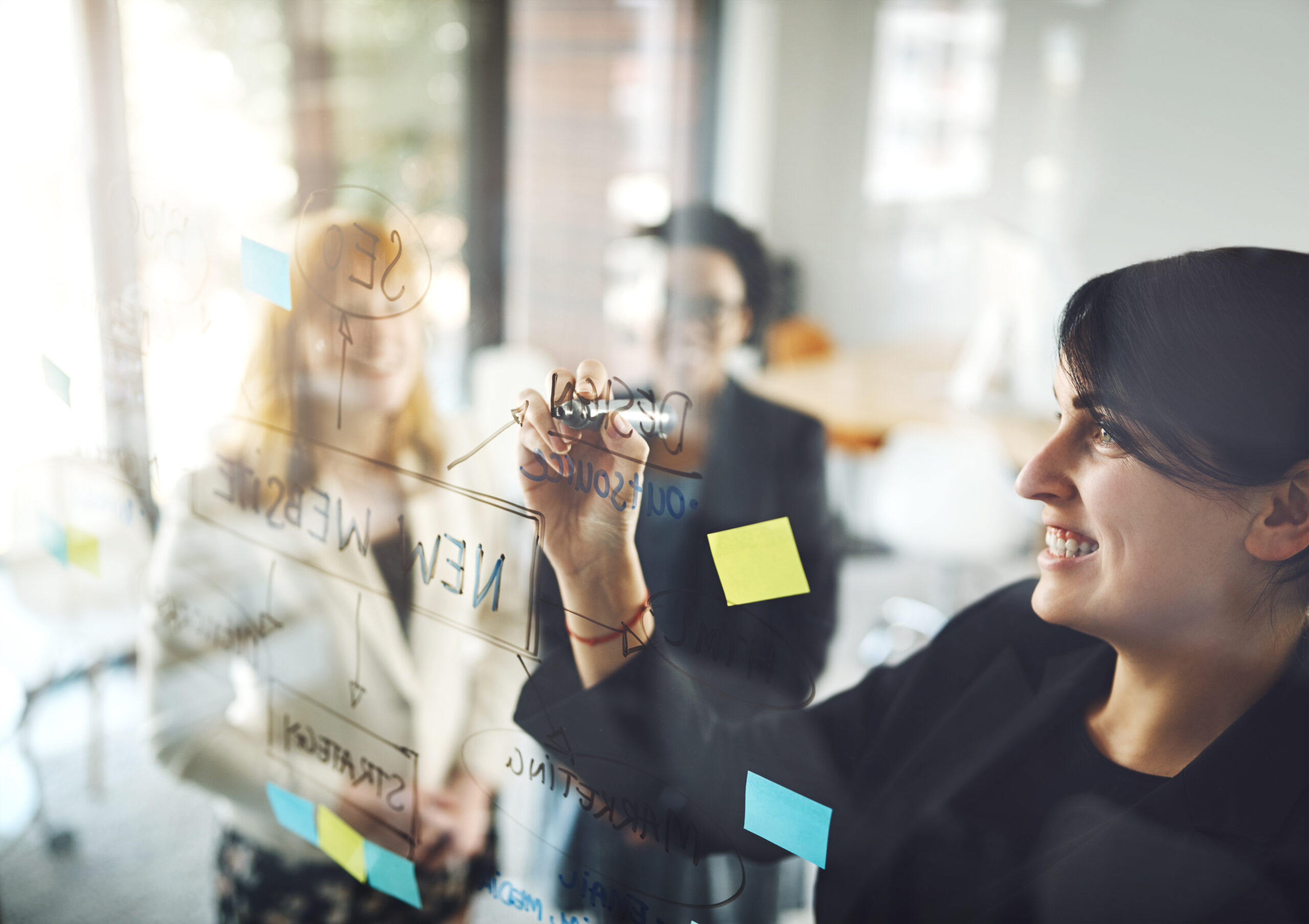 Woman, teamwork and writing schedule on glass, planning mind map and collaboration of business goals, target or project. Happy employees brainstorming ideas for innovation, timeline process and notes.