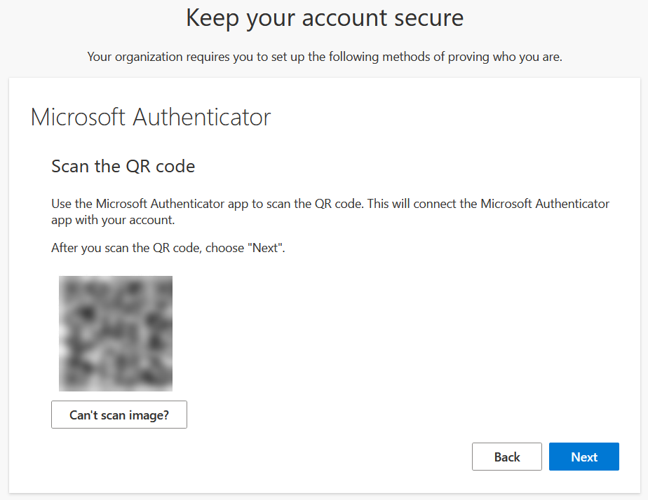 Keep your account secure screen showing a blurred out QR code
