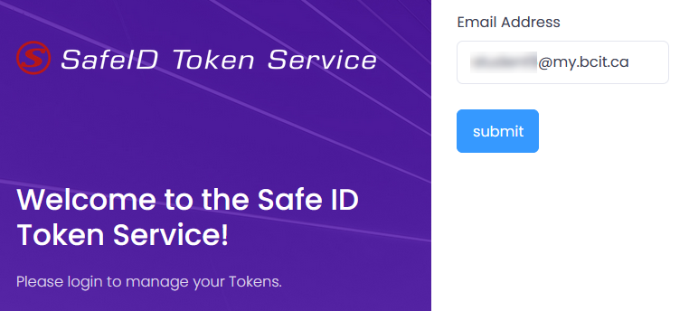 SafeID token service login screen, showing the purple safeid branding on the left and email address field top right