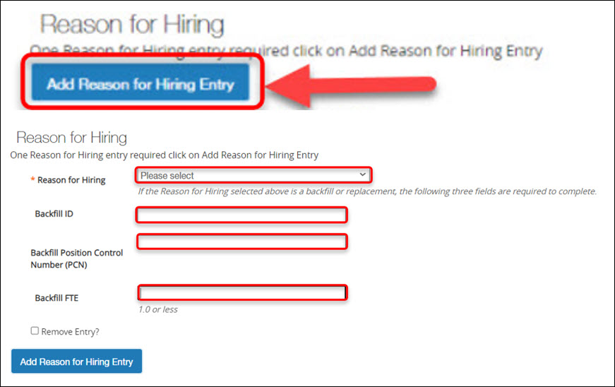 Screenshot PeopleAdmin Add Reason for Hiring Entry button