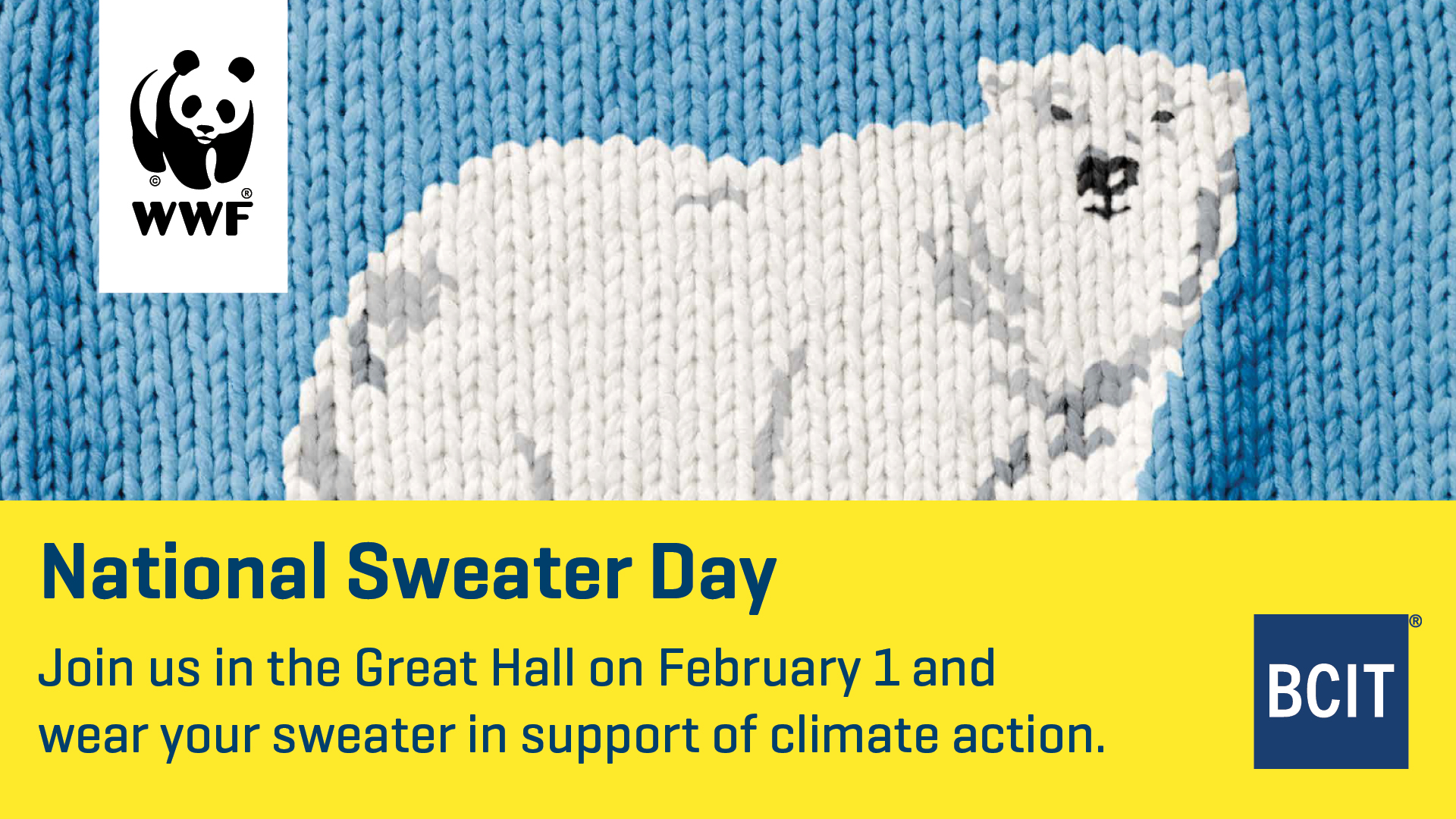 Promotional image for sweater day showing an image of a knit polar bear.