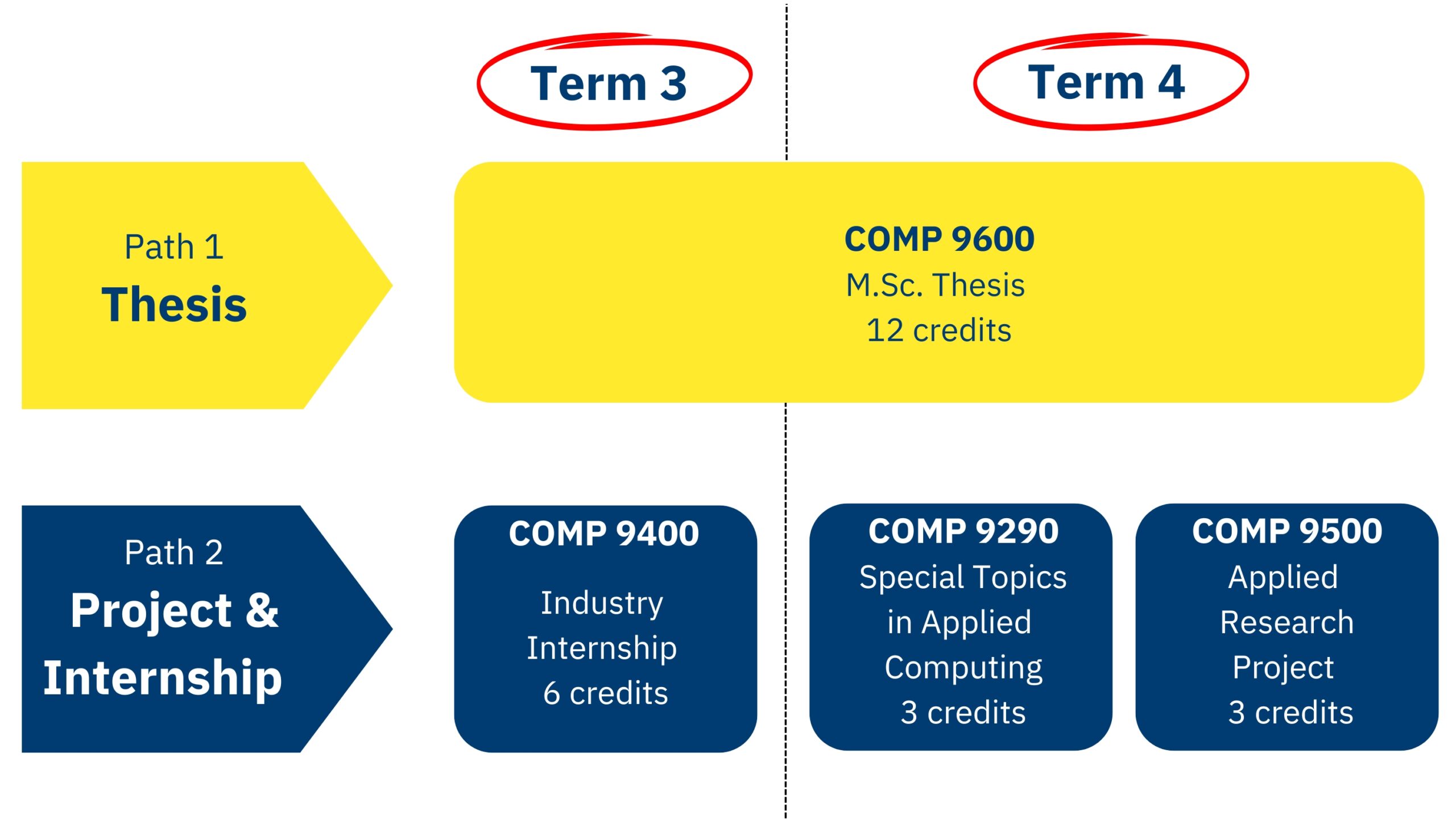 The infographic shows an overview of the two path options: Thesis versus 2. Project & Internship 