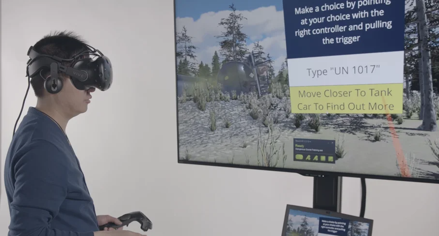 a man in VR goggles next to a screen with scenario instructions