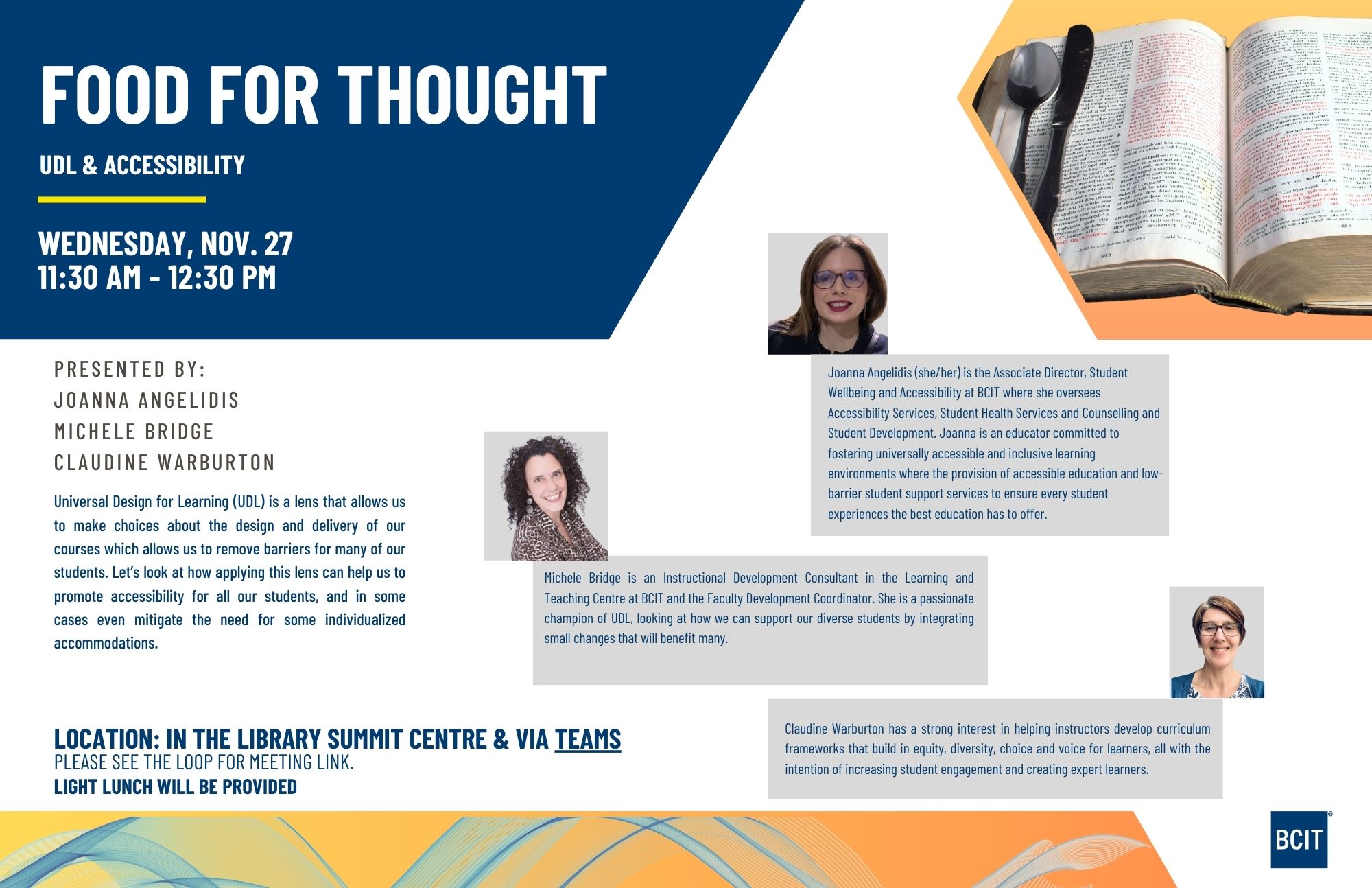 Food for thought Nov 27 at library summit centre at 11:30 AM - 12:30 PM